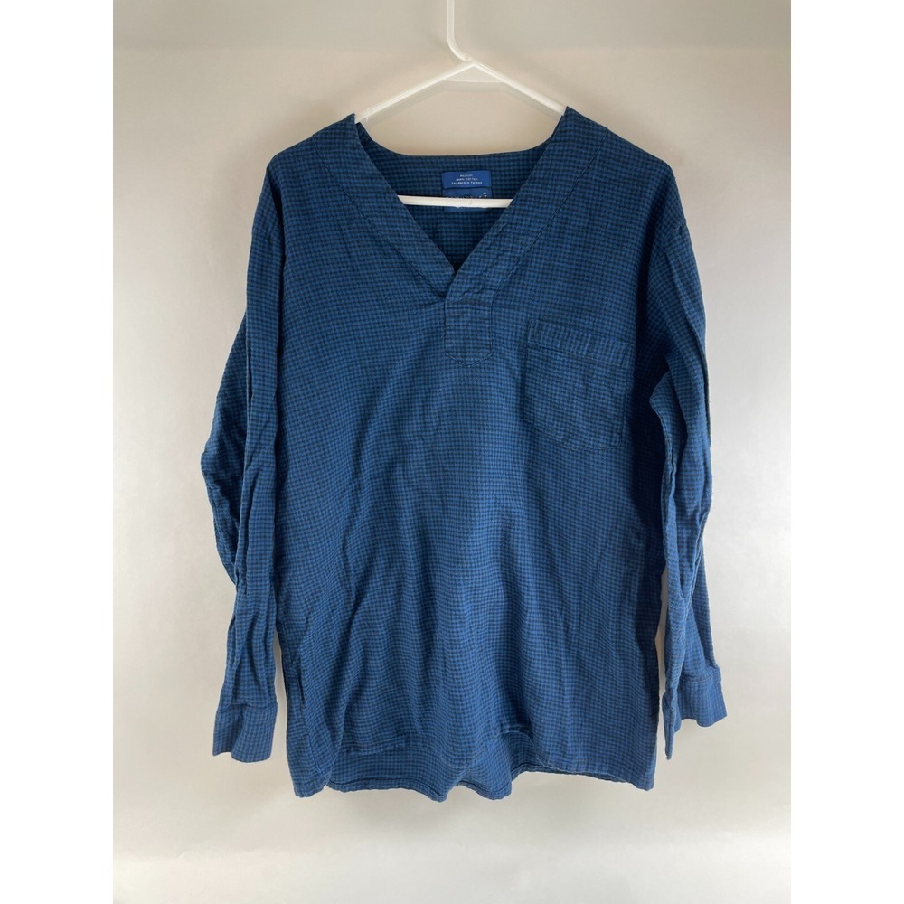 TownCraft Shirt Men's Size M Blue Black V-Neck Check Long Sleeve Flannel Tee